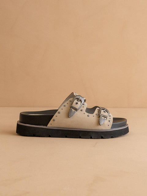 The Effie | Taupe Double Western Buckle Slides