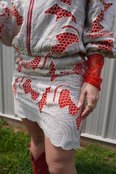 Cherry Glaze Lace Asymmetrical Skirt