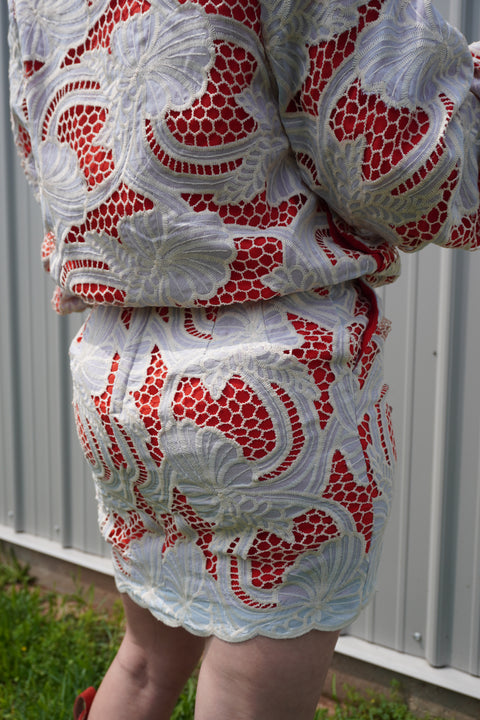 Cherry Glaze Lace Asymmetrical Skirt